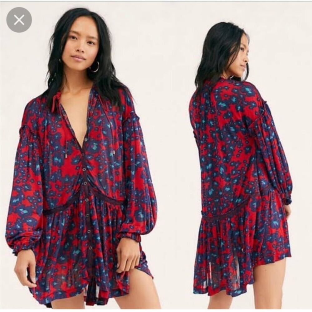 Free People Love Letter red blue floral button front dress / tunic top XS